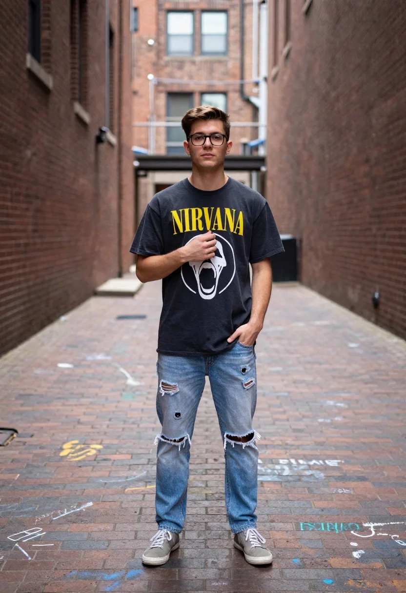 Young man standing in narrow brick alleyway wearing black tshirt - AI generated image prompt sample