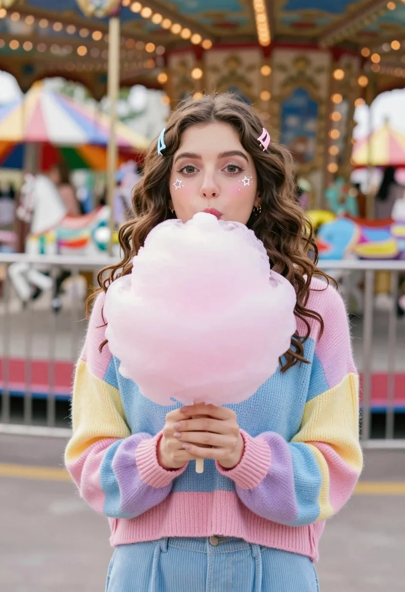 Young woman blowing on pastel cotton candy at a vibrant carnival fairground - AI generated image prompt sample