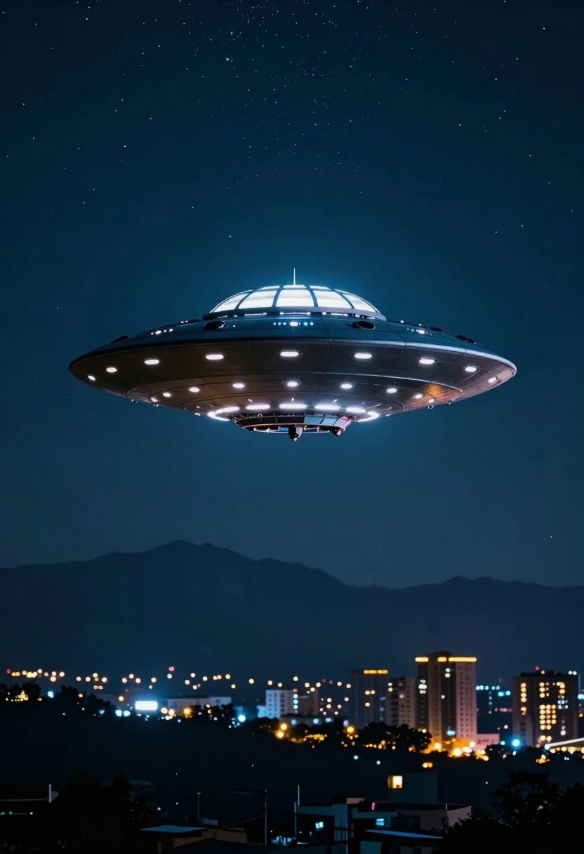 Ufo hovering over mountain city skyline at night