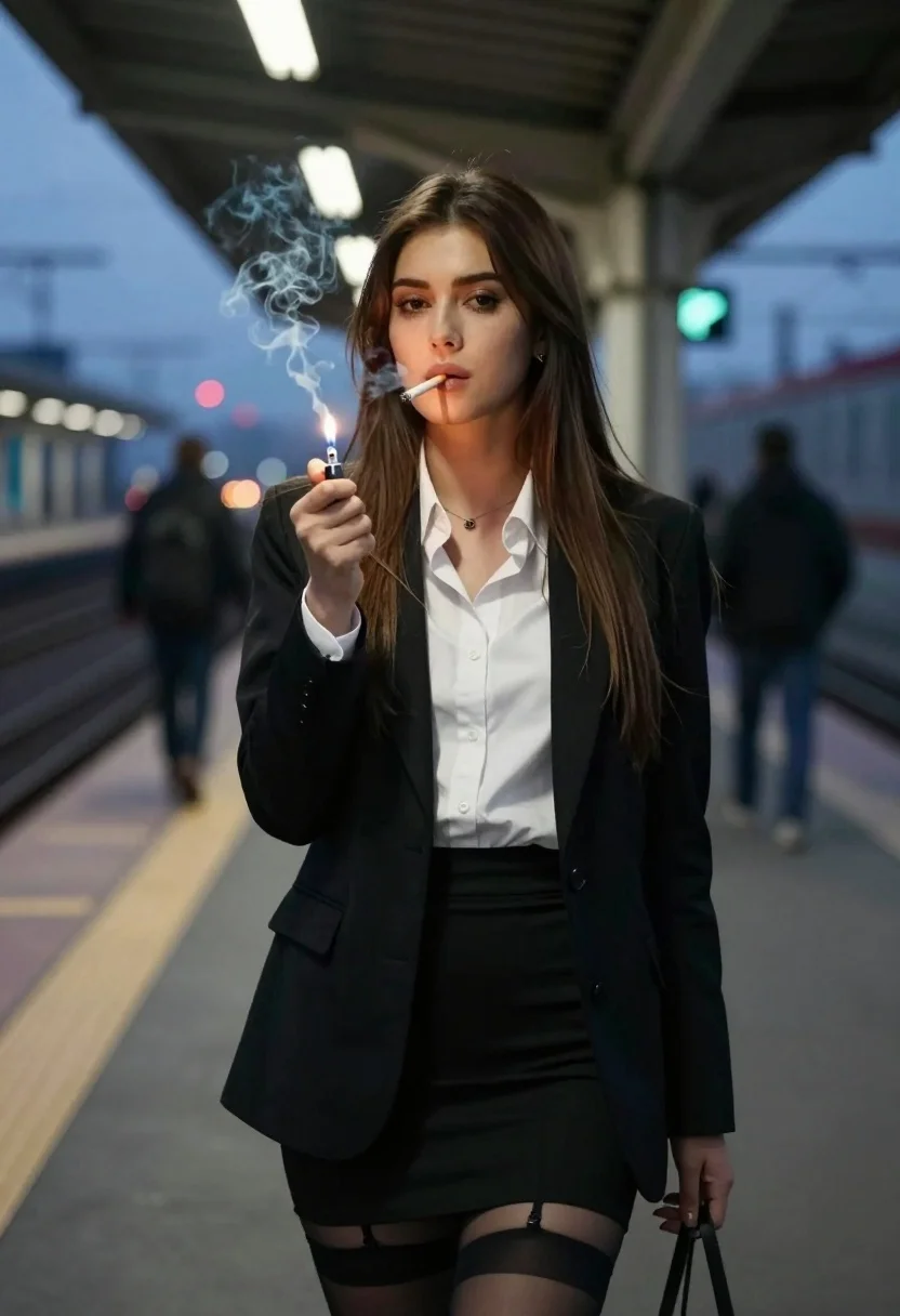 Stylish woman on train platform at dusk smoking cigarette under city lights - AI generated image prompt sample