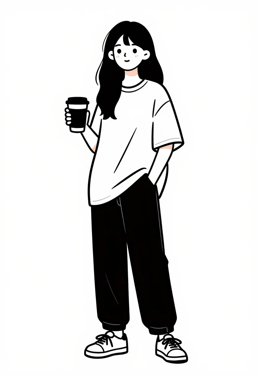 Line art illustration of young woman standing casually