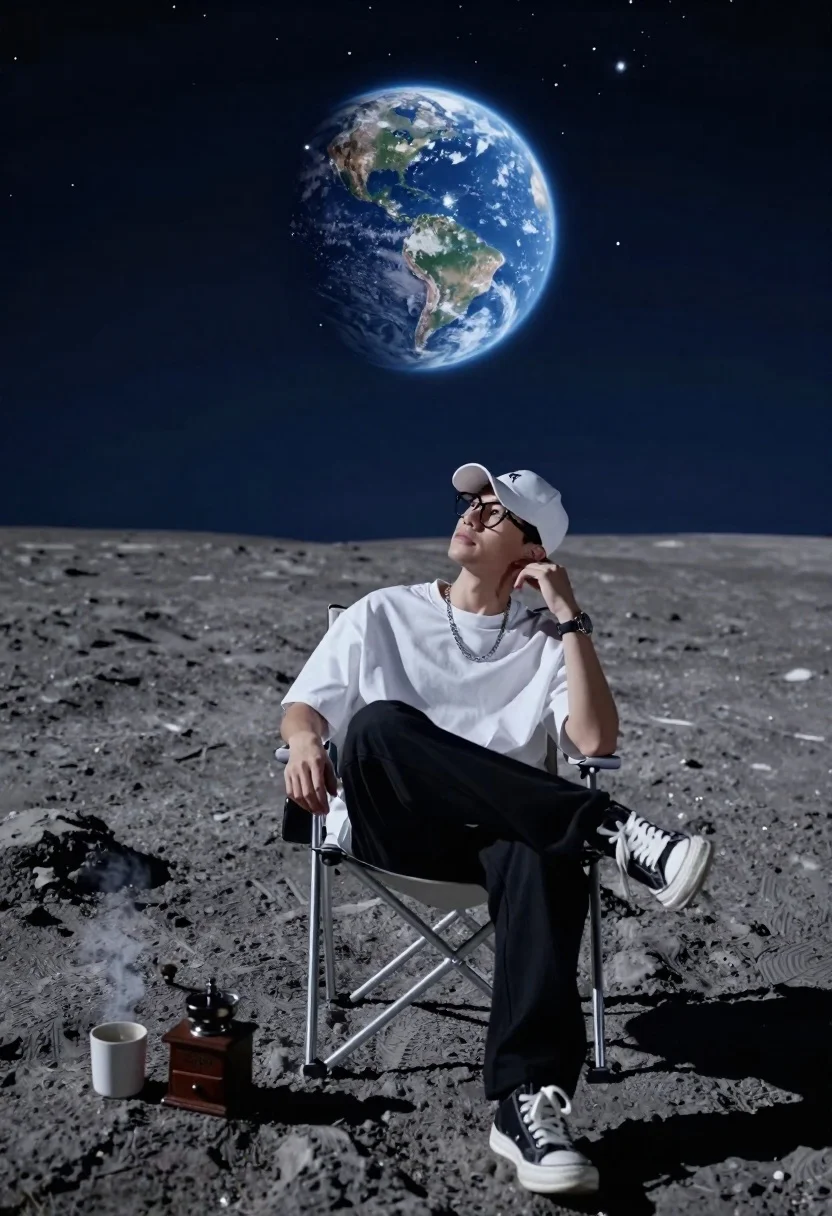 Young man sitting on moon surface viewing earth from folding chair - AI generated image prompt sample