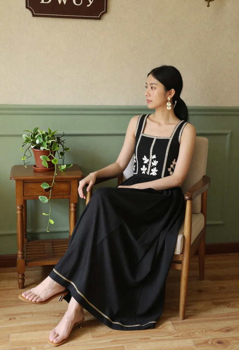 Woman sitting in wooden armchair with black embroidered top indoors