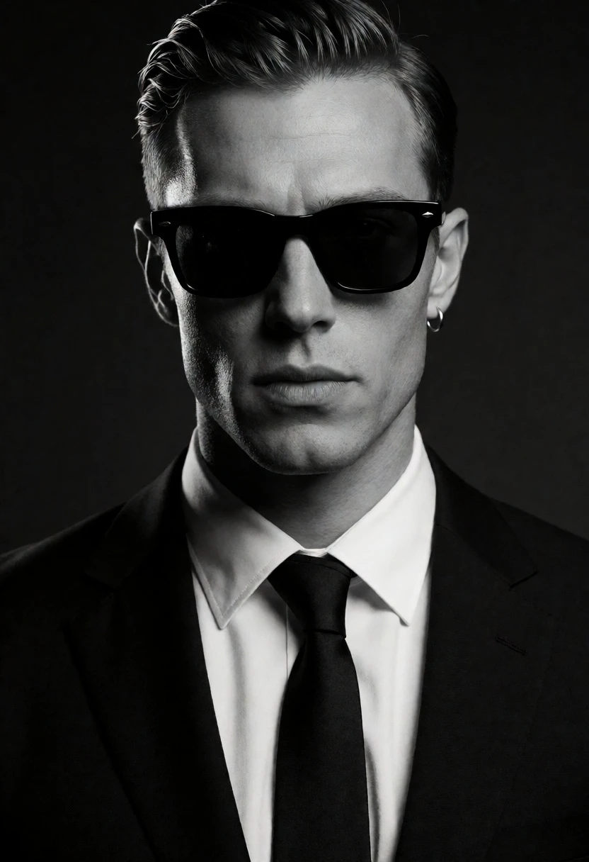 High contrast black and white portrait of man in suit and sunglasses - AI generated image prompt sample