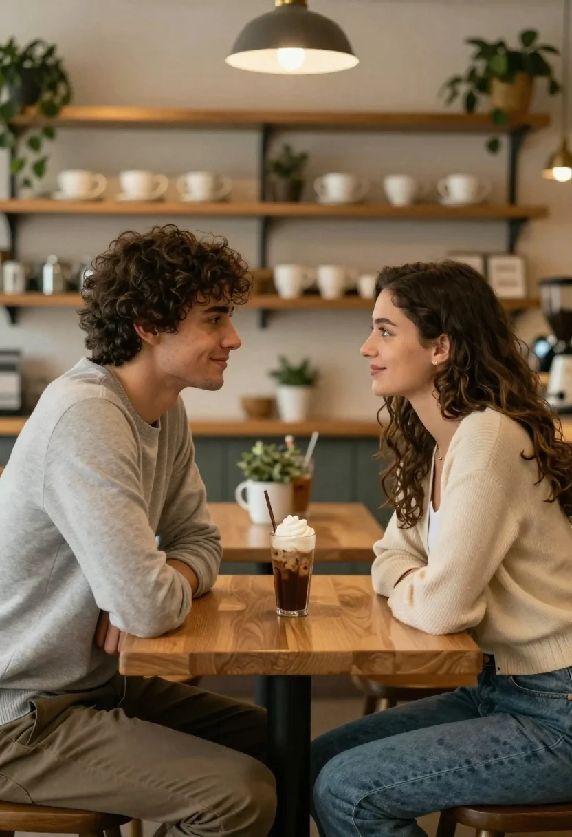 Young couple seated intimately in cozy cafe setting with coffee - AI generated image prompt sample