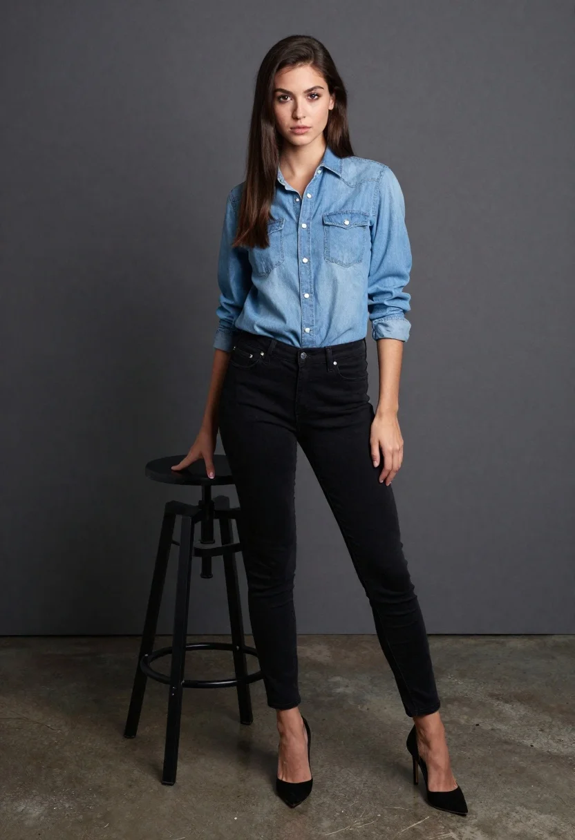 Young woman in denim shirt and black jeans standing by stool - AI generated image prompt sample