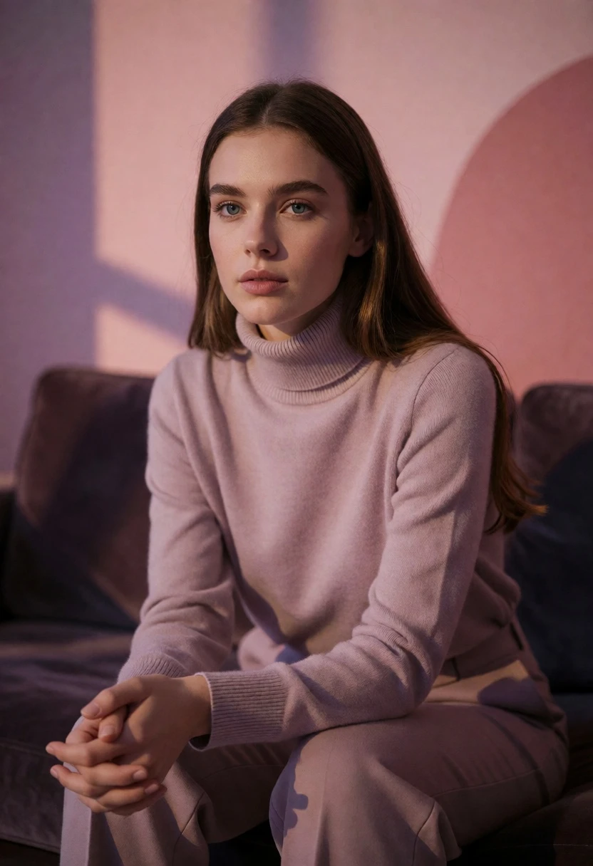Young woman in mauve sweater seated on dark sofa with abstract background - AI generated image prompt sample
