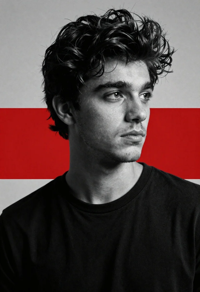 Cinematic black and white portrait of young man with dark hair - AI generated image prompt sample