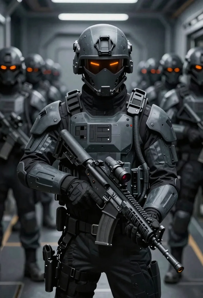 Futuristic soldier in tactical armor corridor