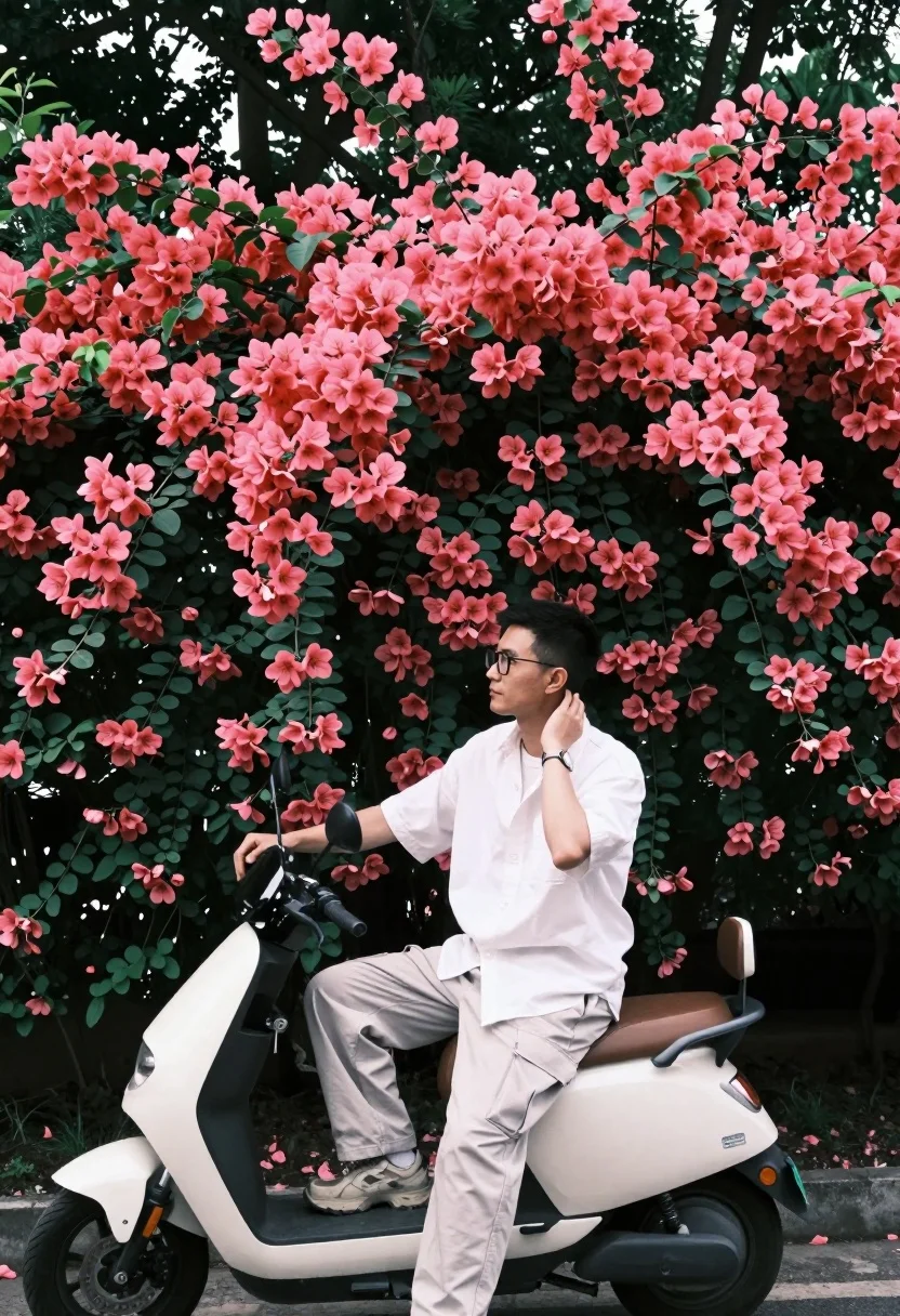 Man sitting casually on white scooter near vibrant pink flowering bush - AI generated image prompt sample