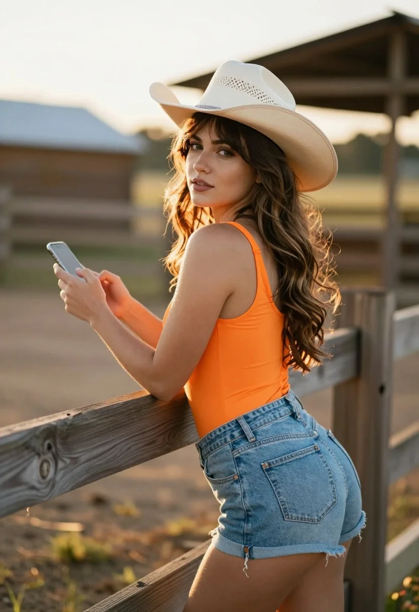 Young woman in orange bodysuit leaning on wooden fence at golden hour - AI generated image prompt sample