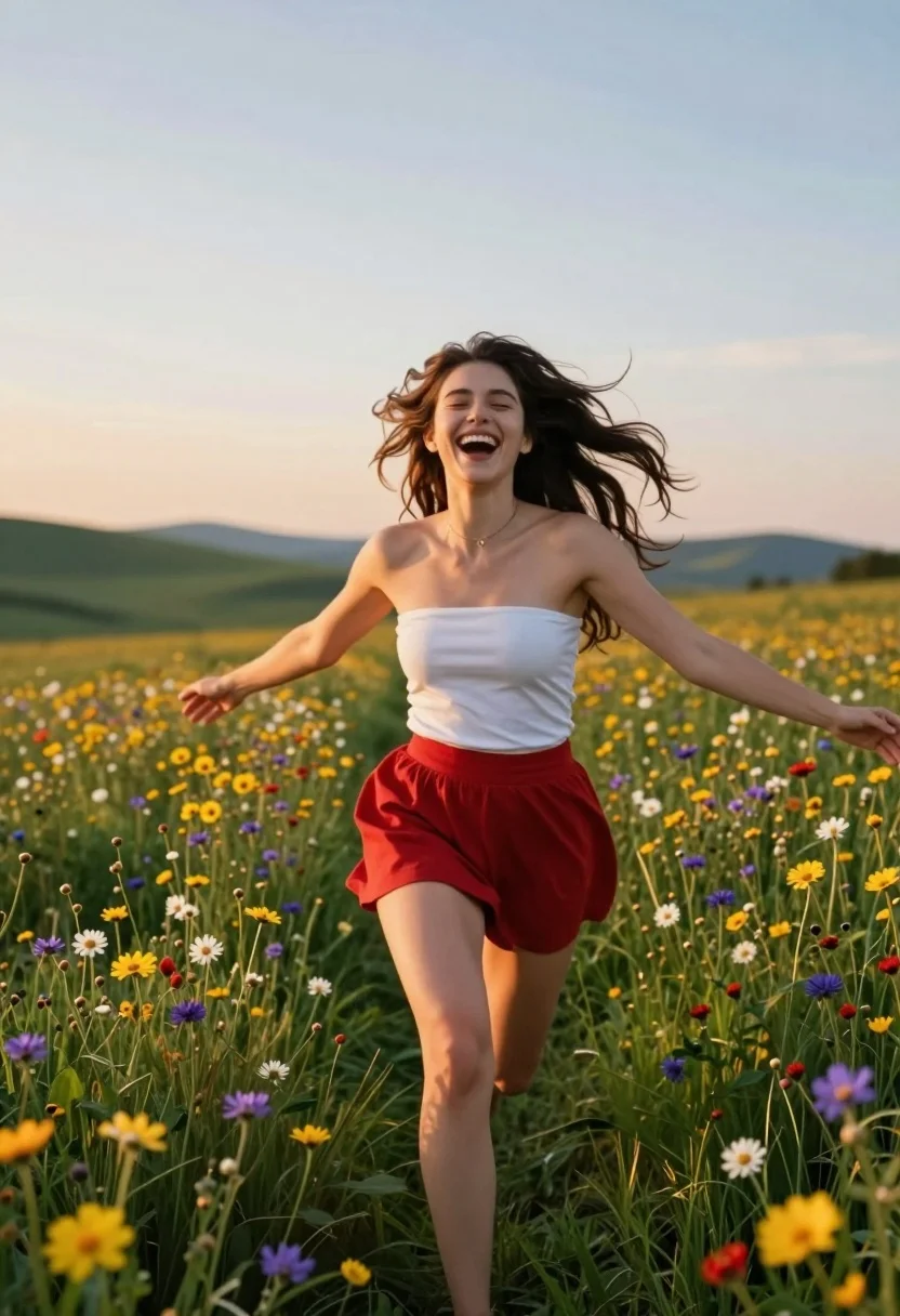 Joyful woman running through wildflower meadow at sunset with flying dark hair - AI generated image prompt sample