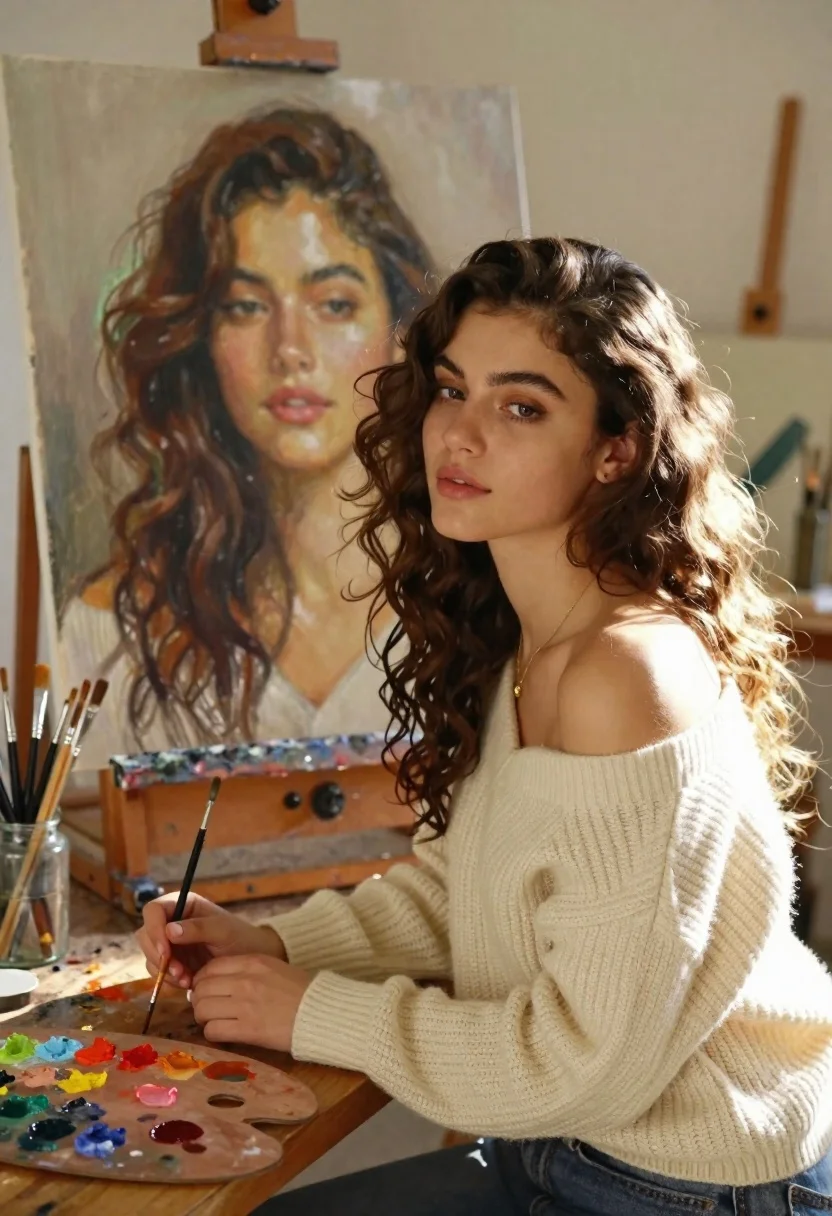 Young woman with brown hair painting a portrait in art studio - AI generated image prompt sample