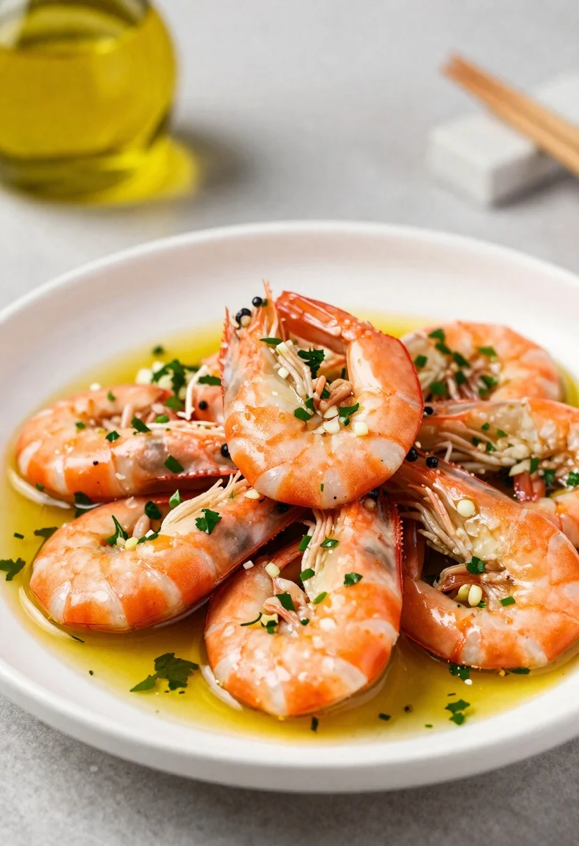 Macro photo of shrimp piled on a white plate