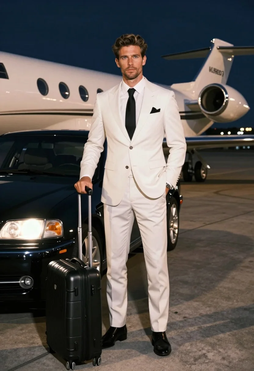 Handsome man in white suit standing on airport tarmac near private jet - AI generated image prompt sample