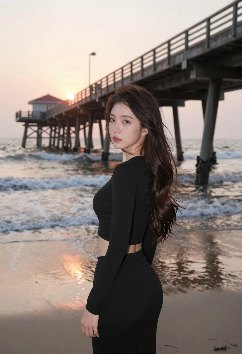 Young woman in black outfit looking over shoulder at sunset beach