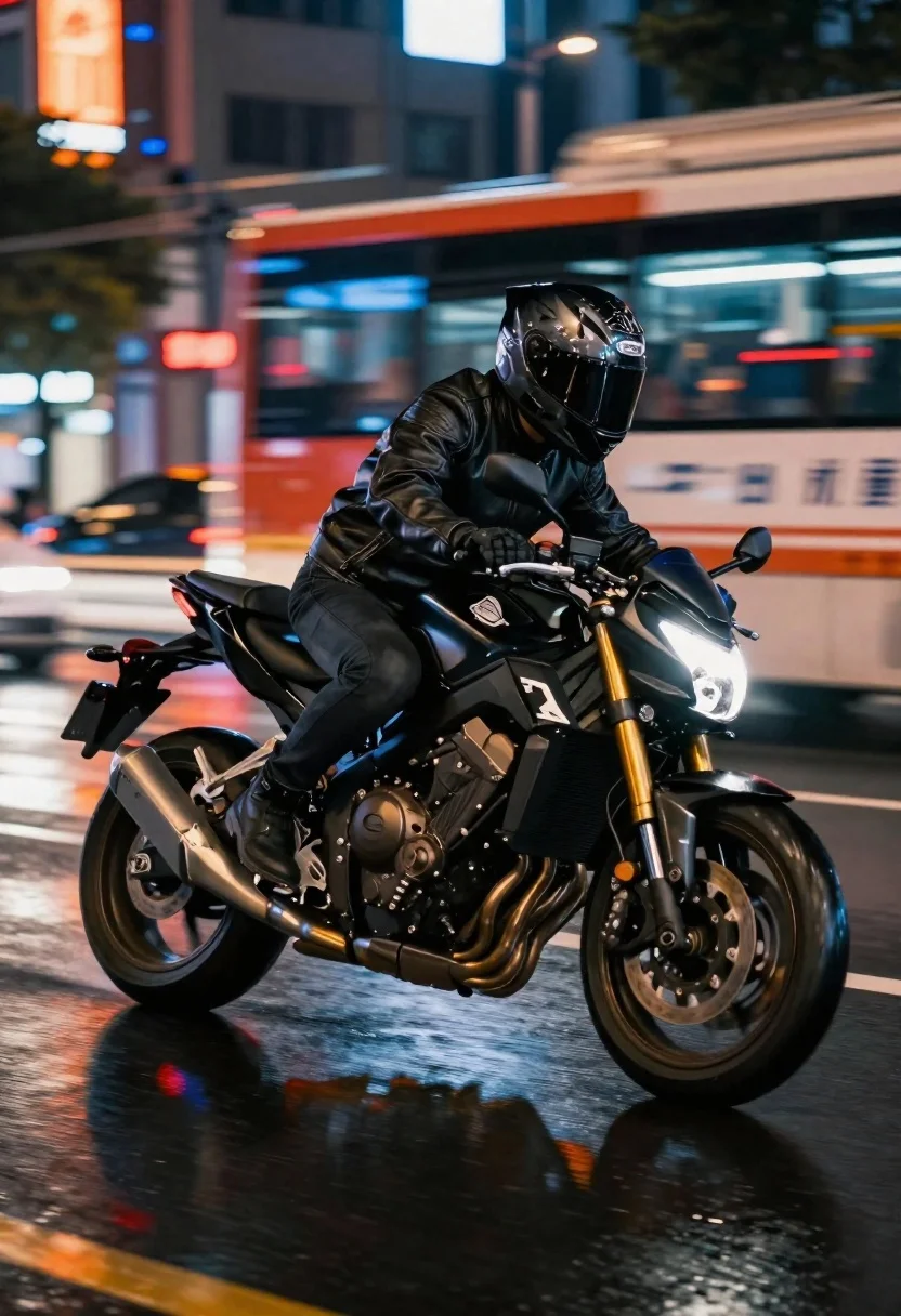 Motorcyclist riding fast at night on a wet city street - AI generated image prompt sample
