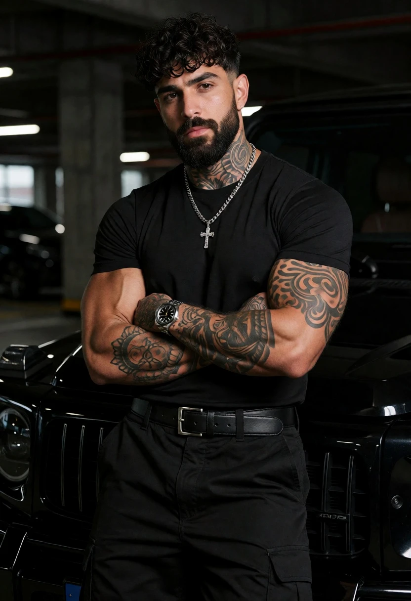 Muscular man with beard leaning on black luxury suv in garage - AI generated image prompt sample
