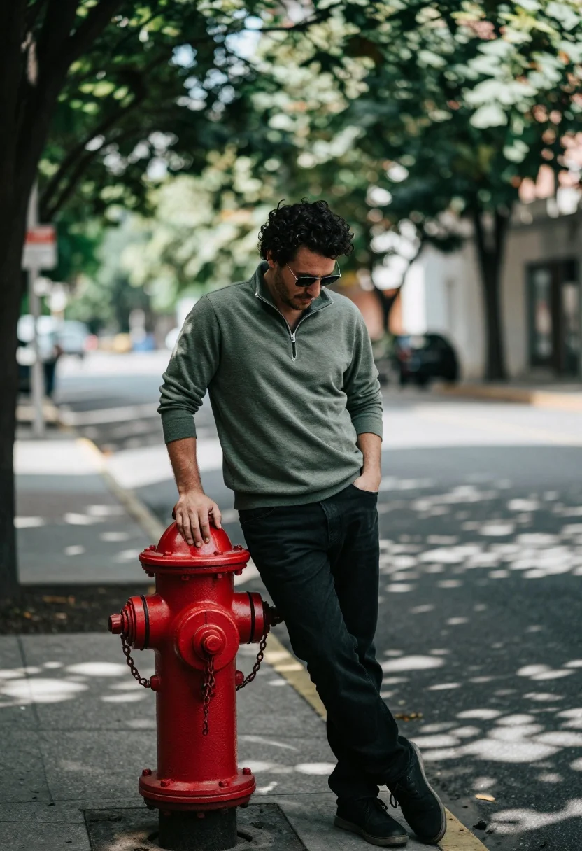 Man leaning against red fire hydrant on shaded urban street setting - AI generated image prompt sample