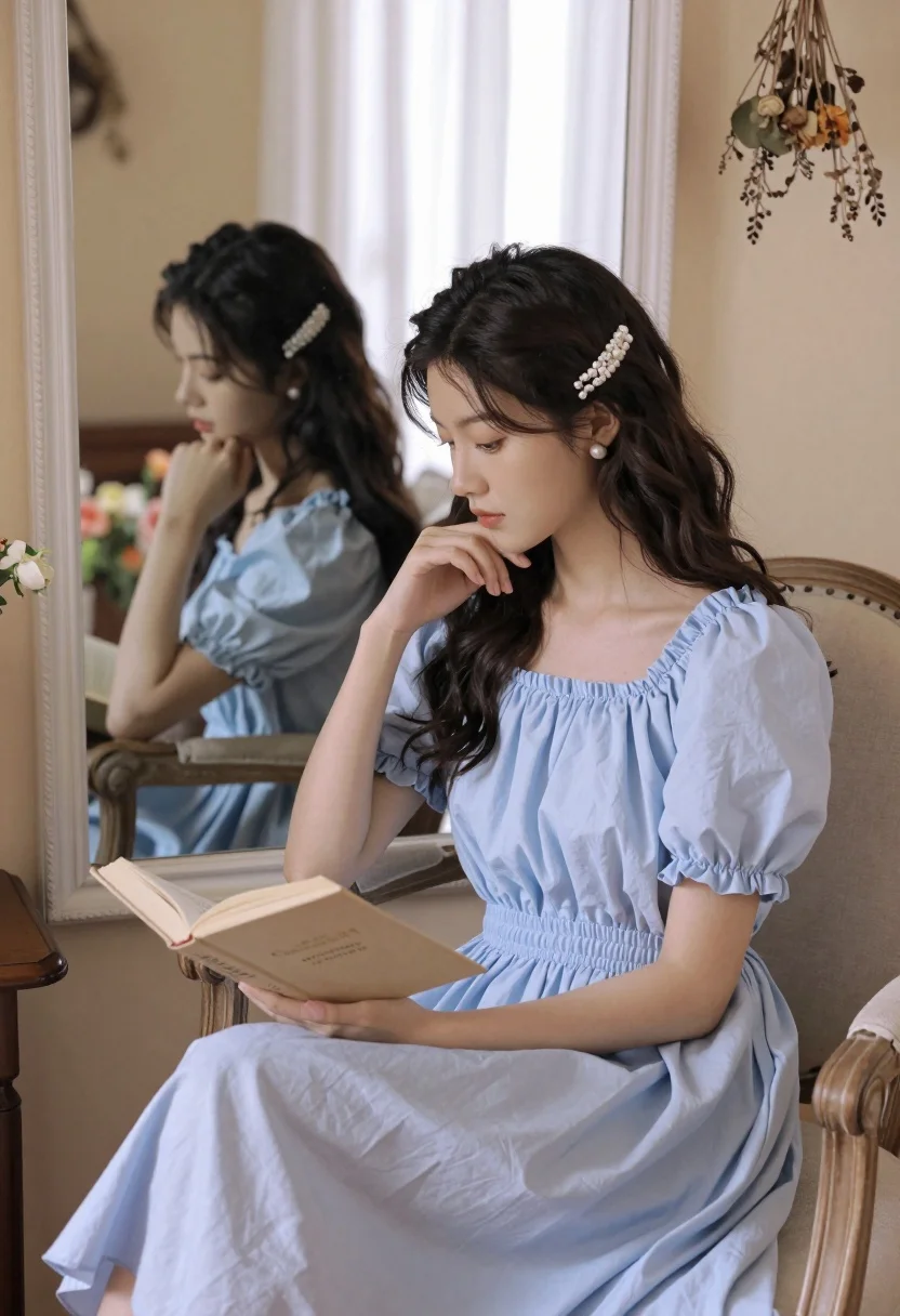 Young woman reading book in armchair with mirror reflection soft light - AI generated image prompt sample