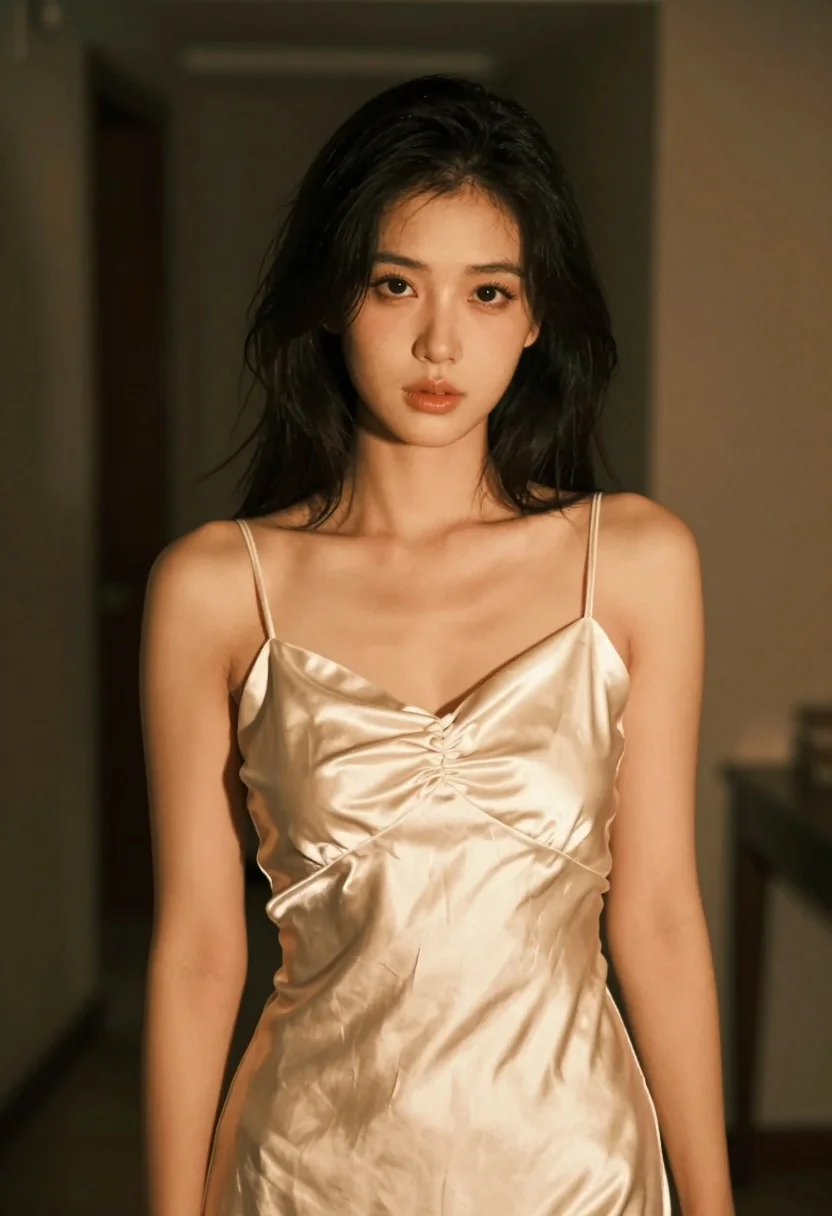 Medium closeup portrait of woman in satin slip dress indoors - AI generated image prompt sample