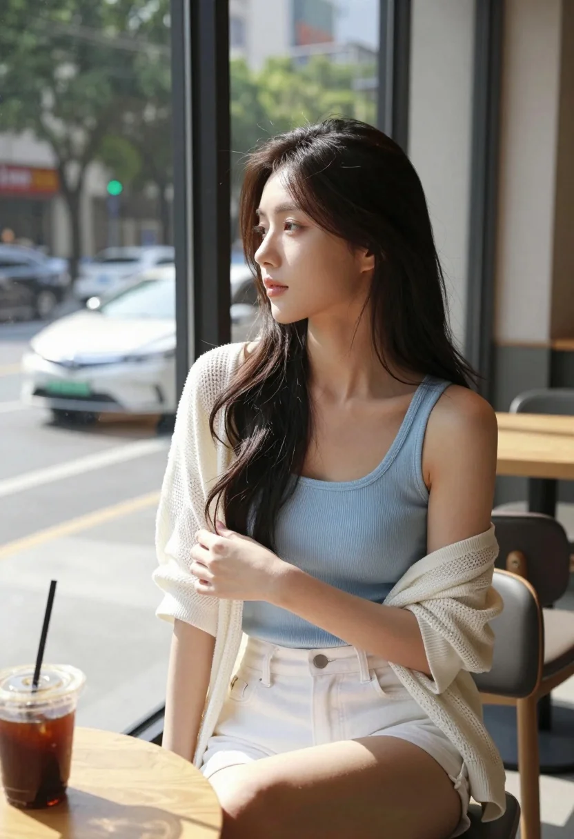 Young woman with dark hair sitting in cafe looking at city street - AI generated image prompt sample