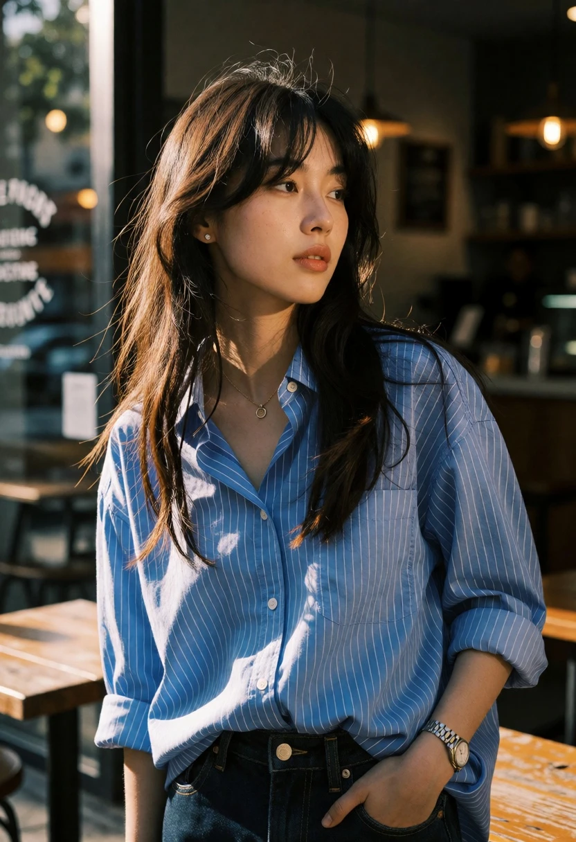 Young woman in striped shirt at outdoor cafe patio during warm sunlight - AI generated image prompt sample