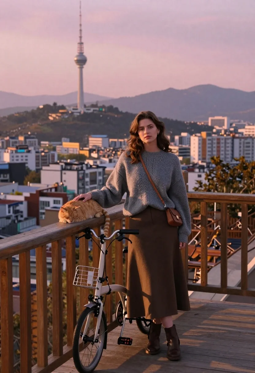 Woman in grey sweater petting orange cat on balcony at sunset - AI generated image prompt sample