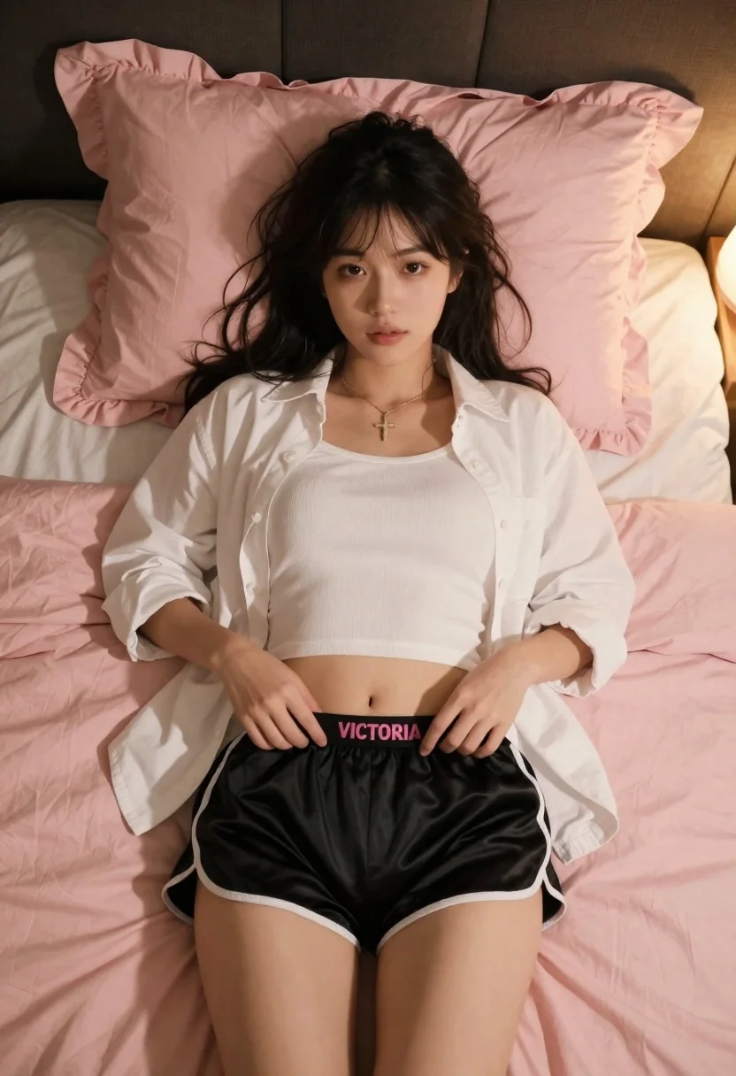 Young woman lying on bed with white shirt and black satin shorts - AI generated image prompt sample
