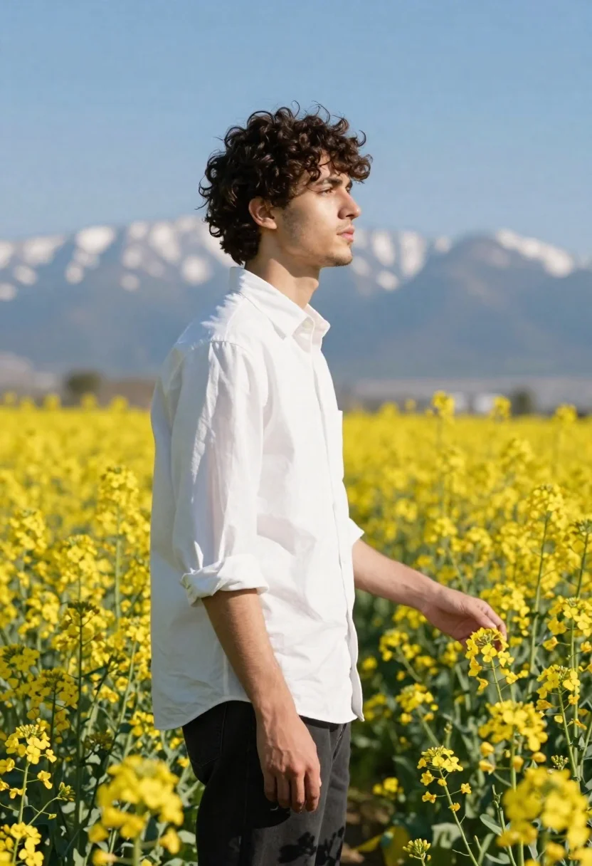 Young man in white shirt standing profile in yellow flower field - AI generated image prompt sample