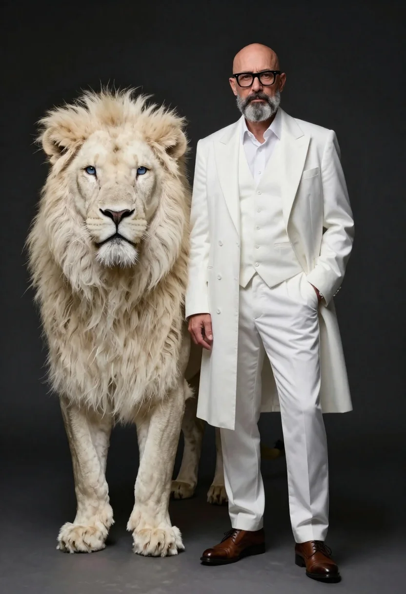 Man in white coat standing with white lion studio portrait