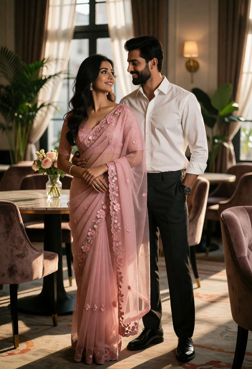 Romantic portrait of couple in elegant indoor lounge setting with soft light - AI generated image prompt sample