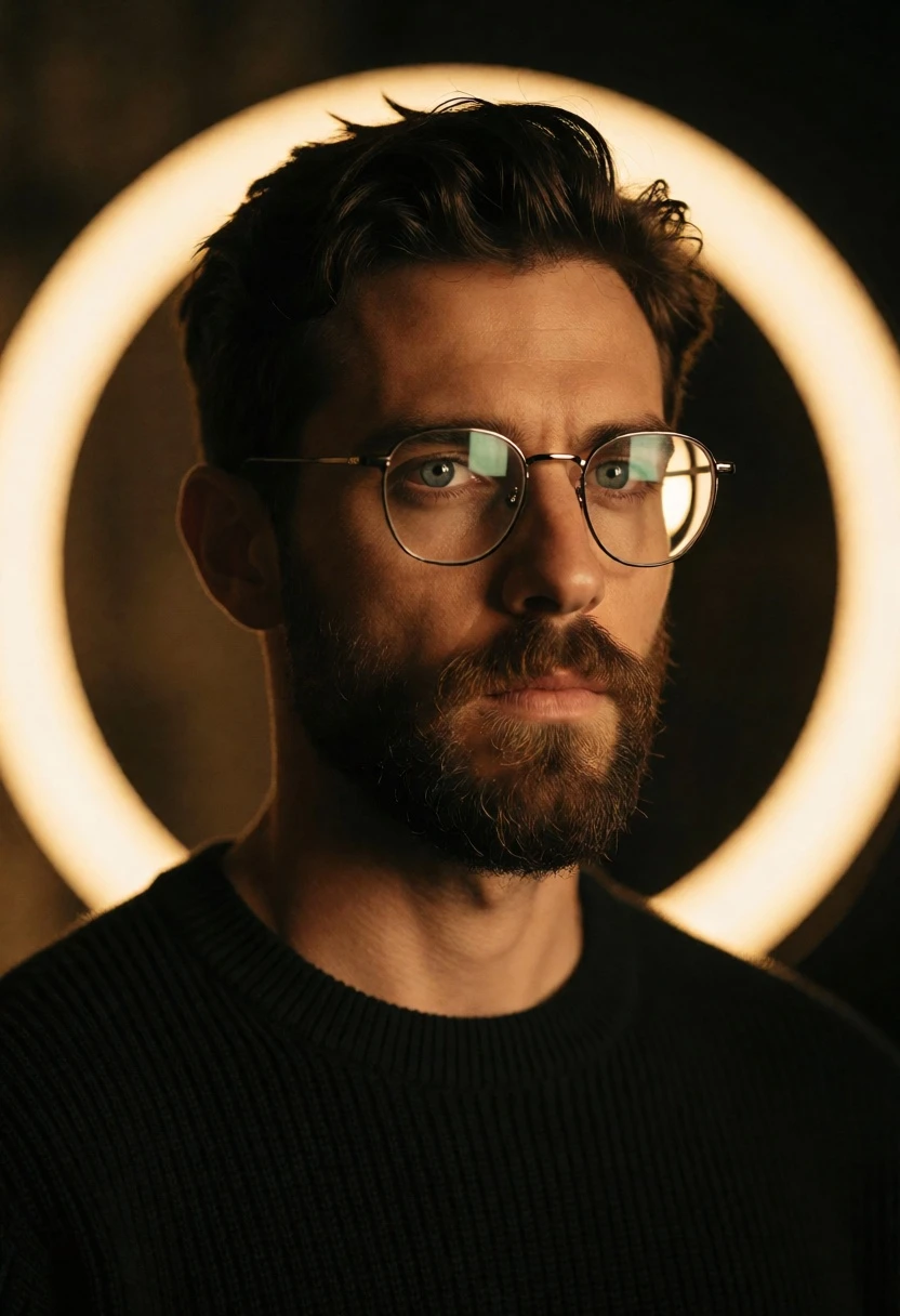 Close up portrait of bearded man in black sweater with glowing circular - AI generated image prompt sample