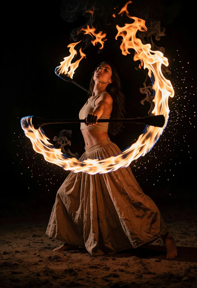 Woman performing dynamic fire dance with flaming staff against black background - AI generated image prompt sample