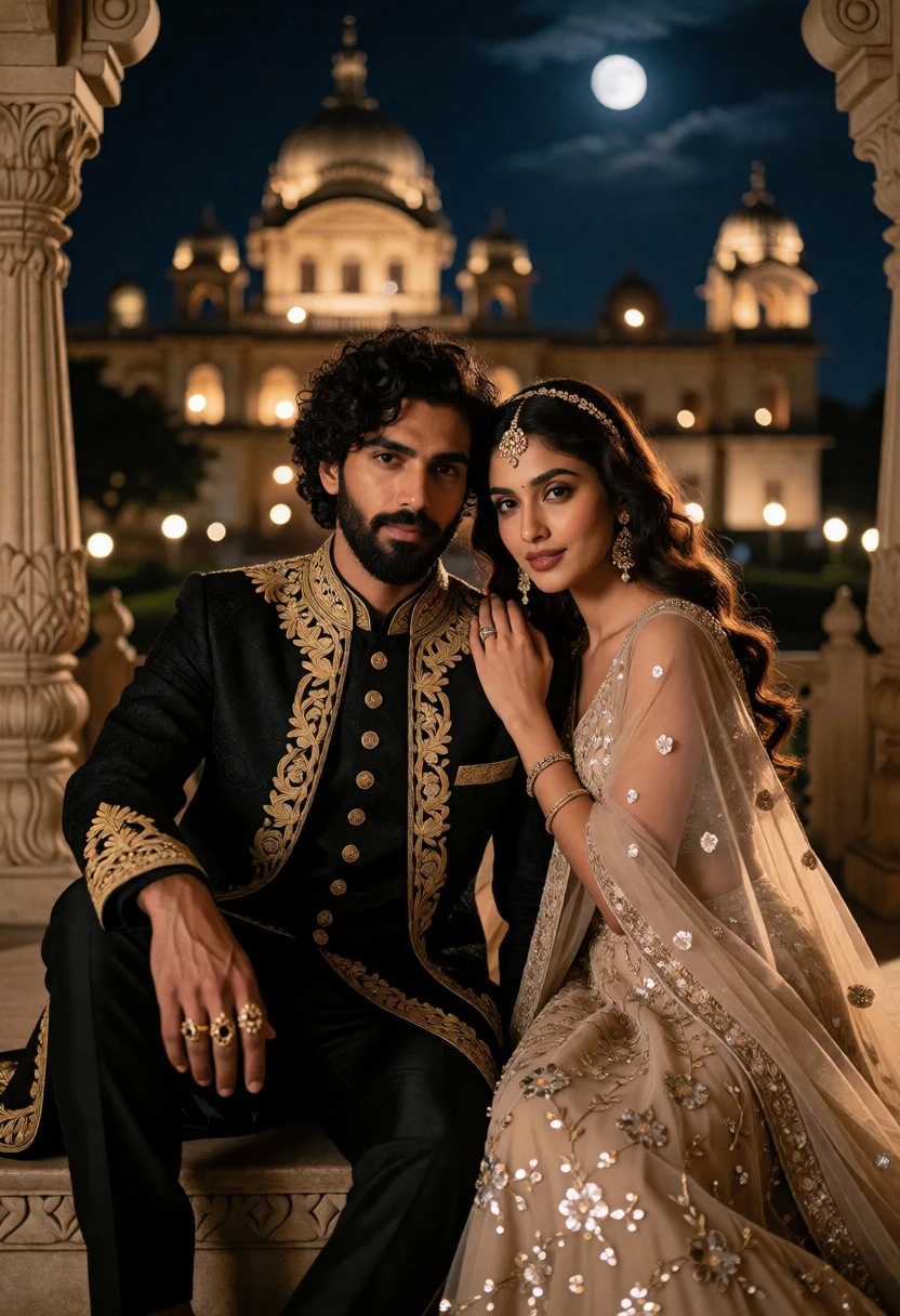 Romantic couple portrait on balcony before illuminated palace at moonlight - AI generated image prompt sample