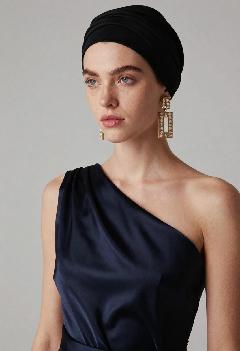High fashion portrait of woman with freckles wearing black headwrap - AI generated image prompt sample