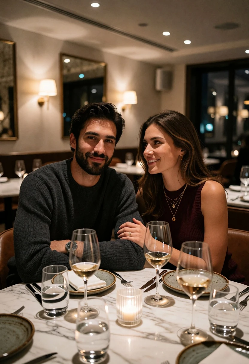 Couple seated at marble table in upscale restaurant during warm ambient lighting - AI generated image prompt sample