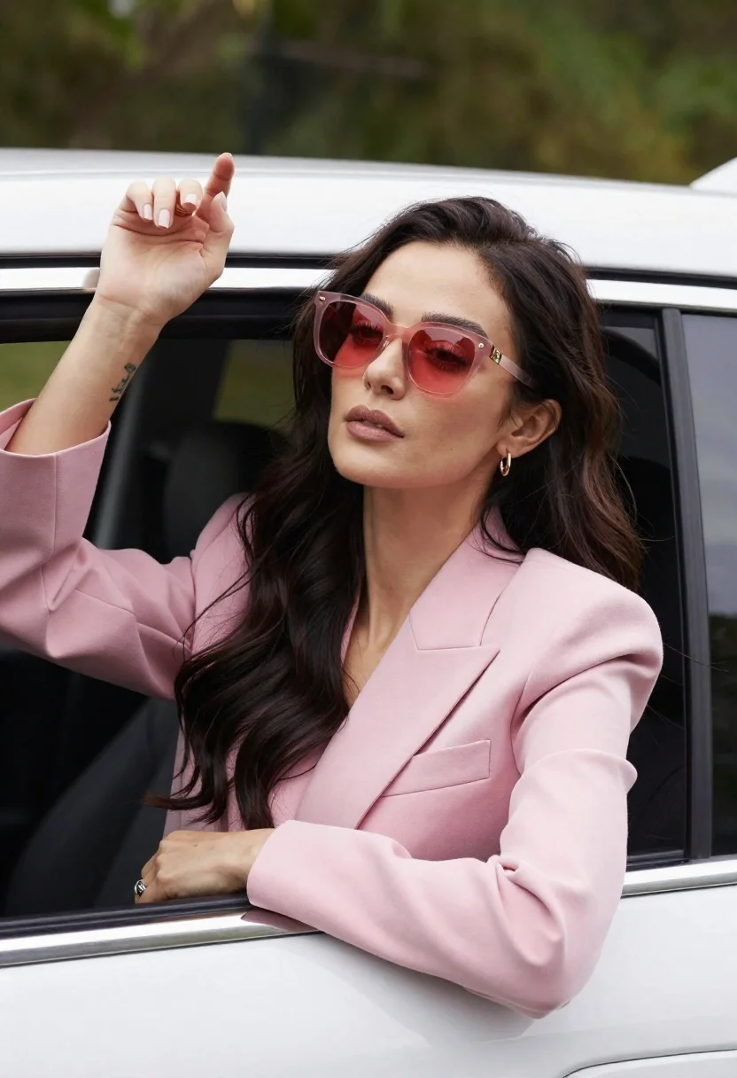 Stylish woman in pink blazer leaning out of a white car window