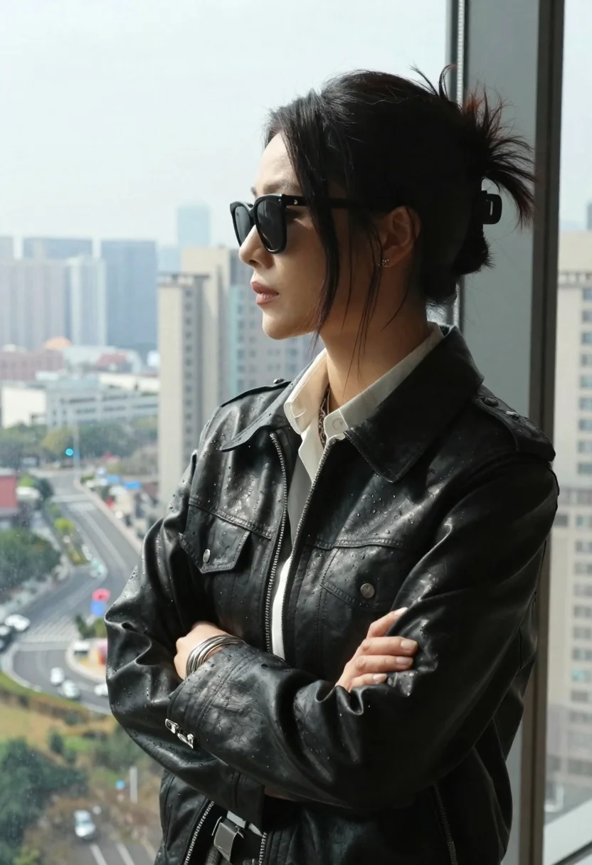 Stylish woman in black leather jacket viewing hazy cityscape from window