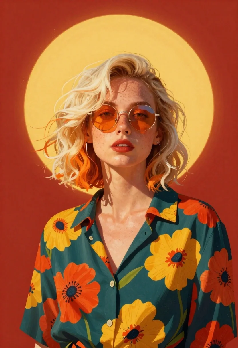 Stylish woman portrait against red and yellow shapes - AI generated image prompt sample