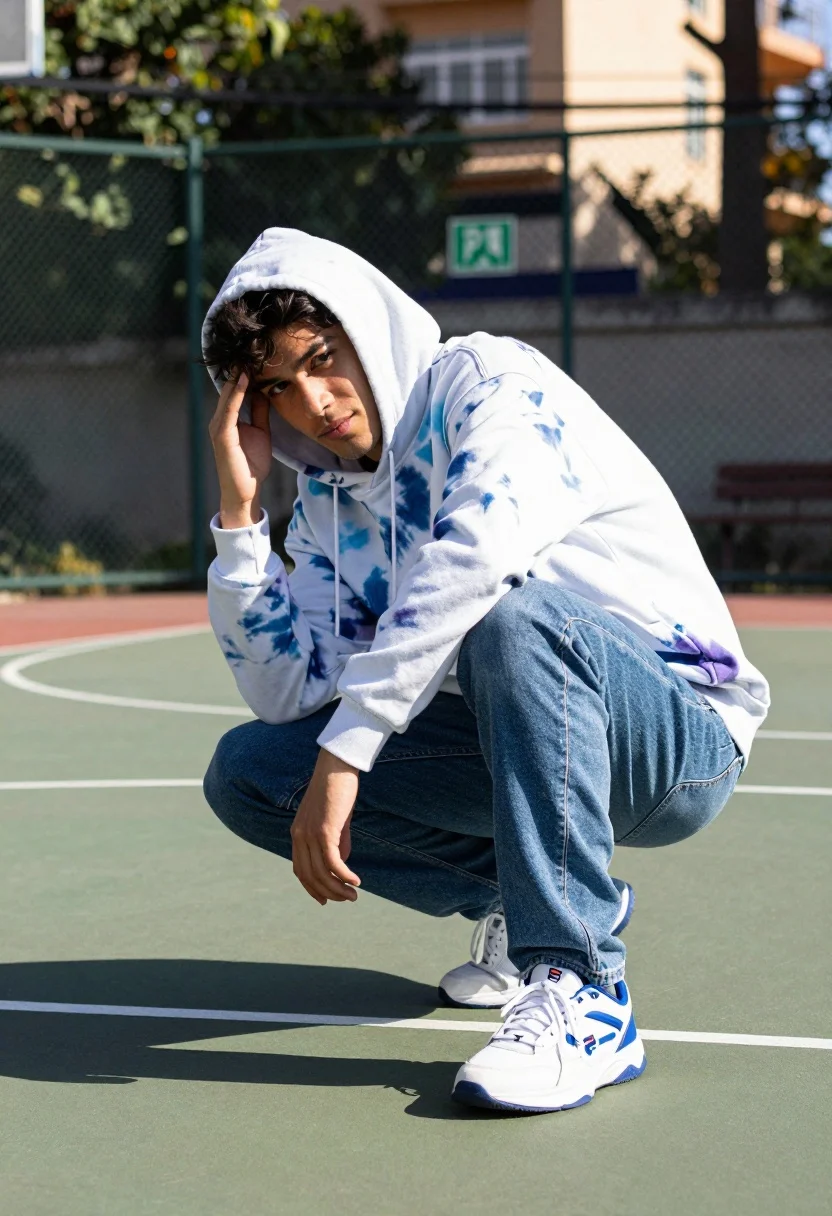 Young man crouching on basketball court wearing tiedye hoodie and jeans - AI generated image prompt sample