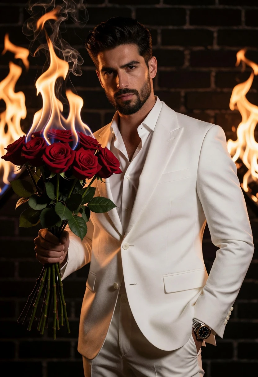 Man in white suit holding flaming red roses against dark brick wall - AI generated image prompt sample