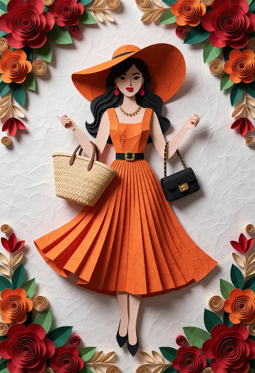 Paper cutout illustration of fashionable woman framed by red orange flowers - AI generated image prompt sample