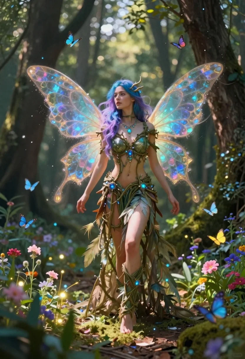 Fairy woman in sunlit forest clearing with glowing wings