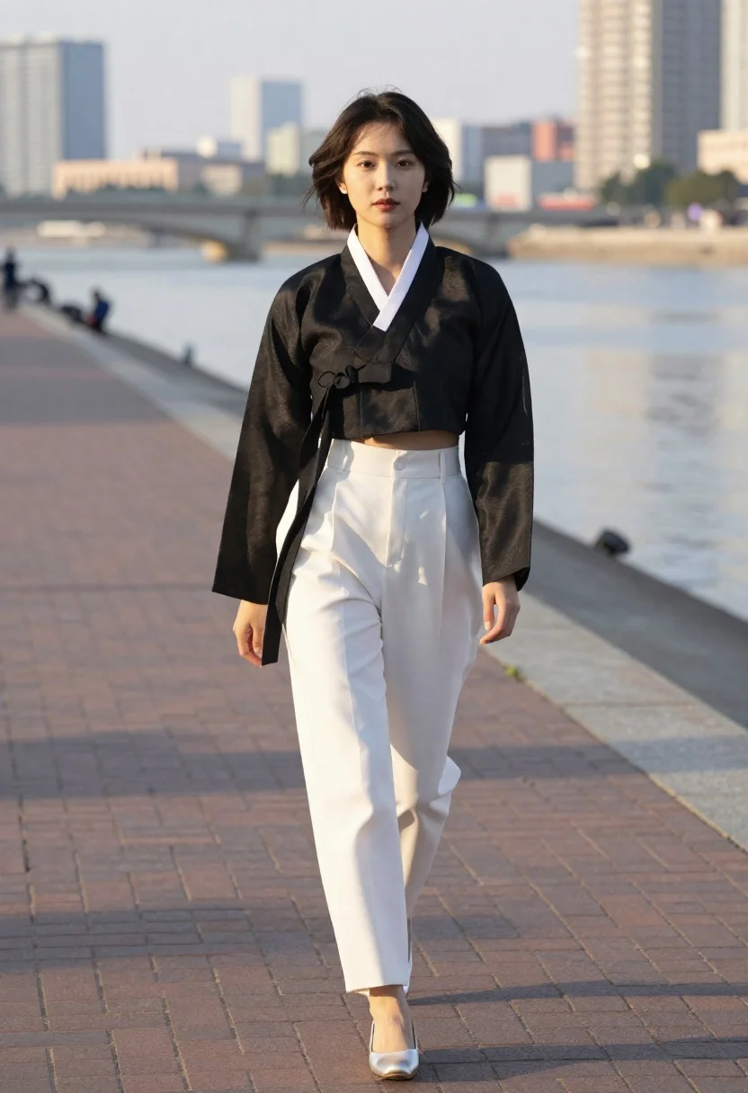 Young woman in hanbok style walking by riverside path