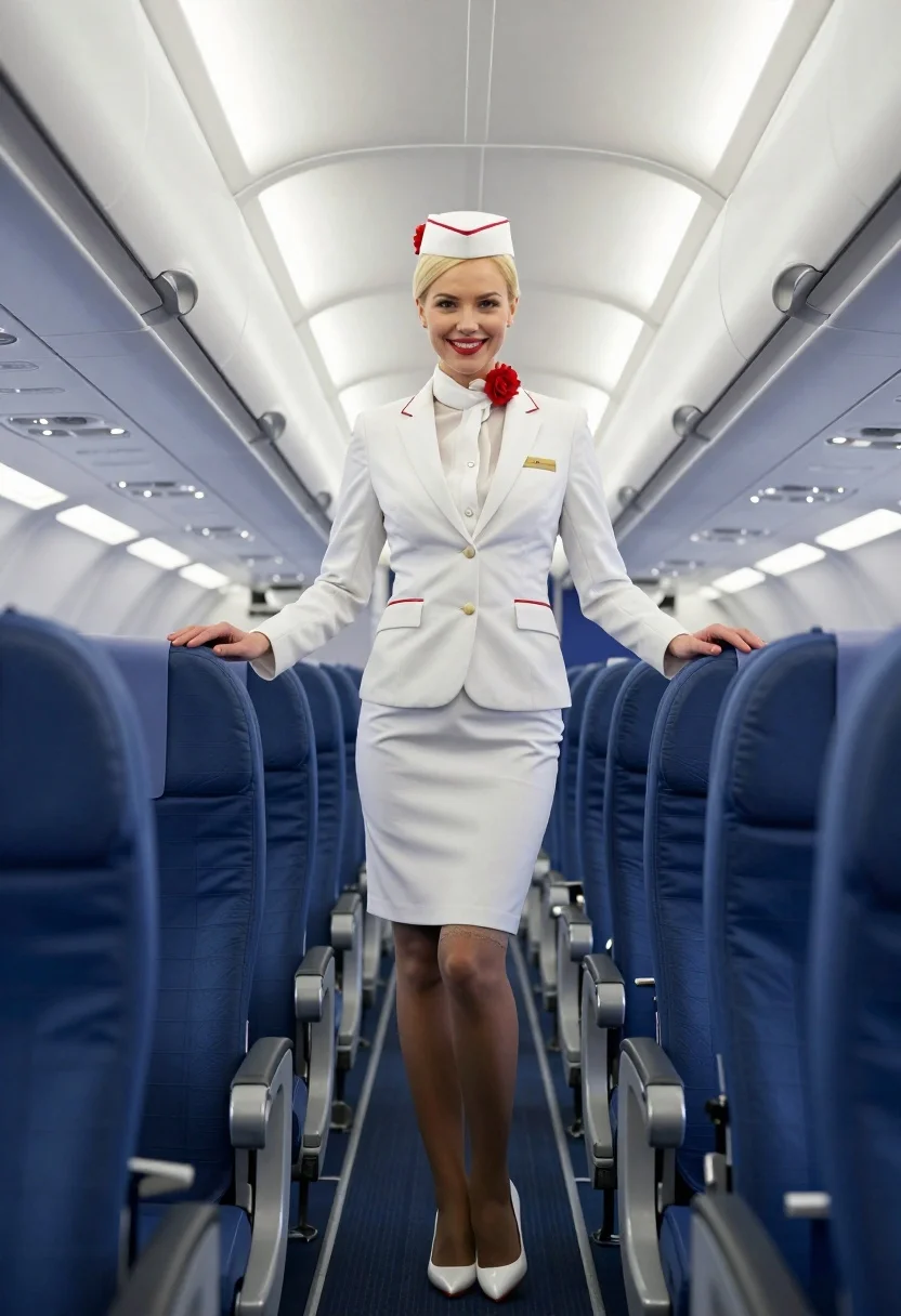 Blonde flight attendant smiling in white uniform inside airplane cabin aisle - AI generated image prompt sample