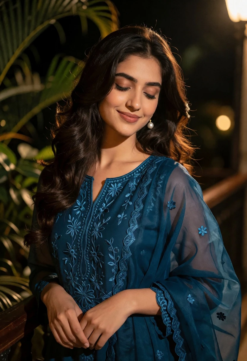 Serene portrait of young woman in teal tunic outdoors at night - AI generated image prompt sample