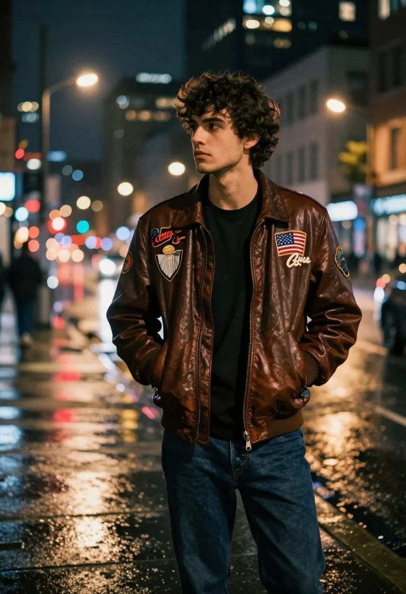 Young man in leather jacket standing on wet city sidewalk at night - AI generated image prompt sample