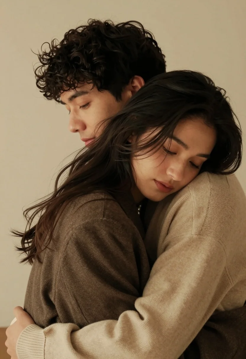 Close up portrait of couple embracing intimately in soft warm indoor setting - AI generated image prompt sample