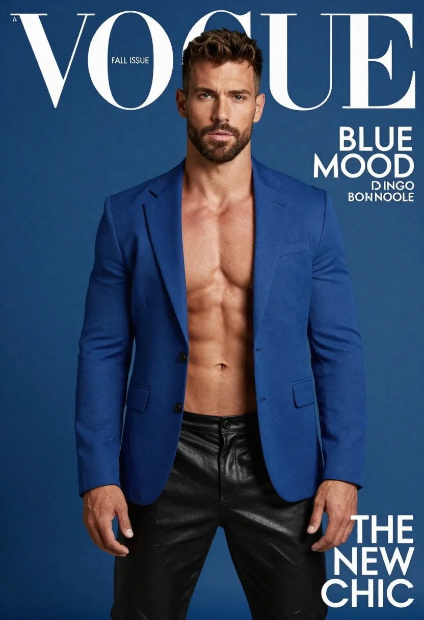 Muscular man in blue blazer on solid deep blue background